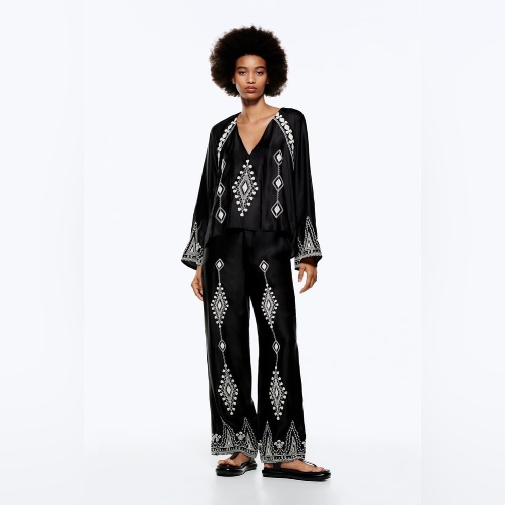 Zara Satin High Waisted Embroidered Trousers